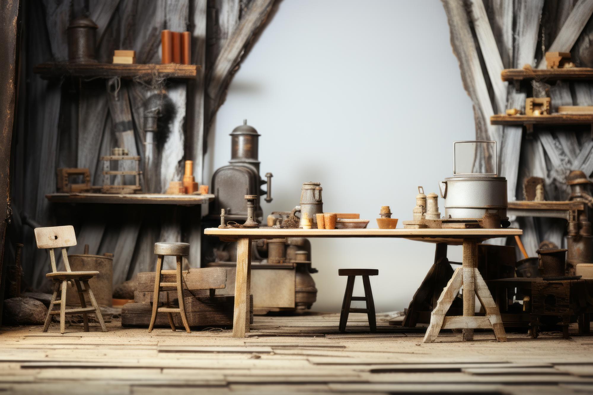 Workshop interior with wooden table and tools